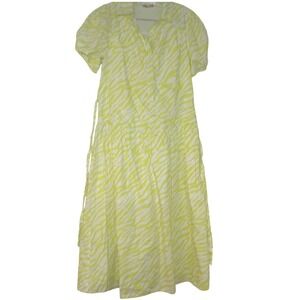 Skies Are Blue Yellow Zebra Print Cotton Midi Dress Puff Sleeve Button Front L